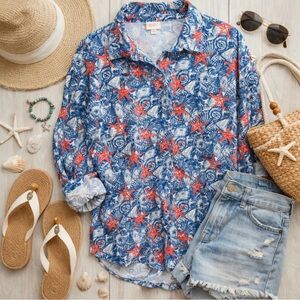 LuLaRoe Valentina button down shirt Blue Red starfish pattern blouse top large